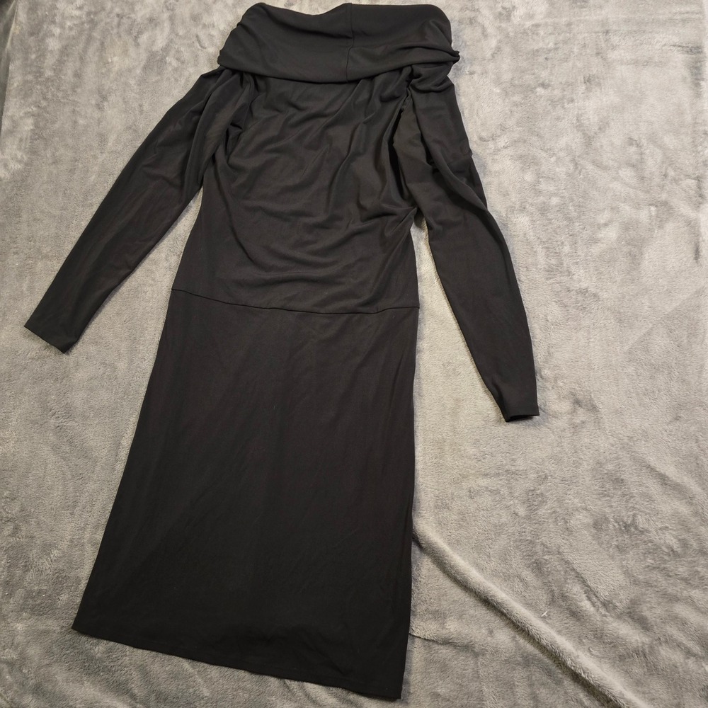 Chic Black Cowl Neck Midi Dress Small Ruched Draped Bodycon Cocktail Party Gala - Picture 12 of 16